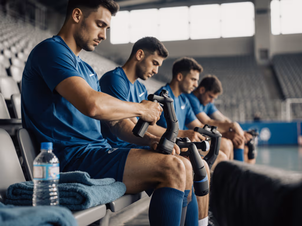 athletes_using_massage_guns_on_bench_during_water_break