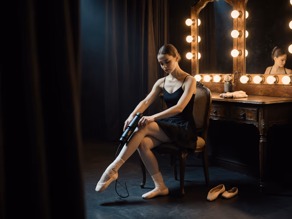 dancer_using_compact_massage_gun_in_dressing_room